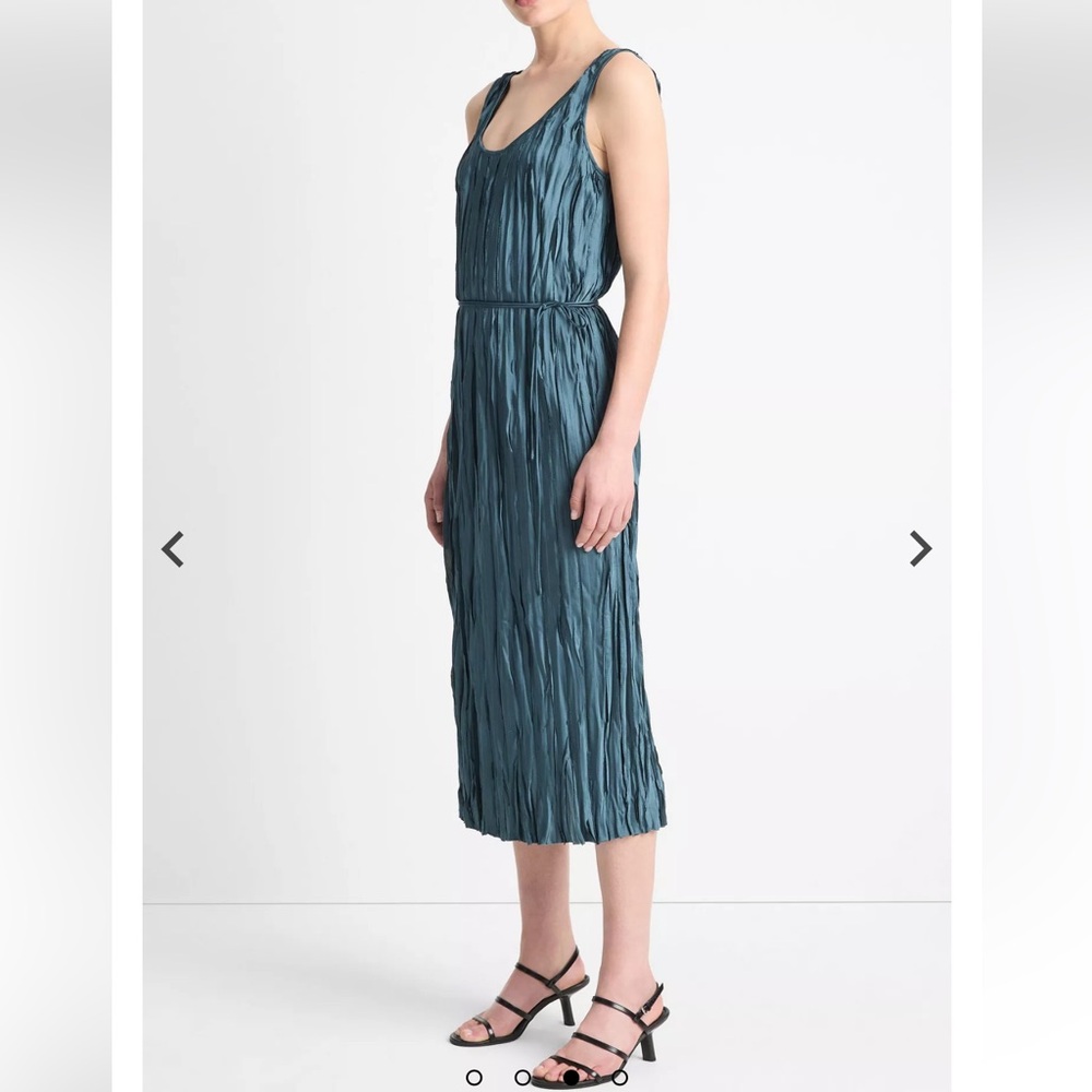 Vince Crushed Satin Bias Tank Dress Blue Pleated Tie Front Midi Cocktail XS